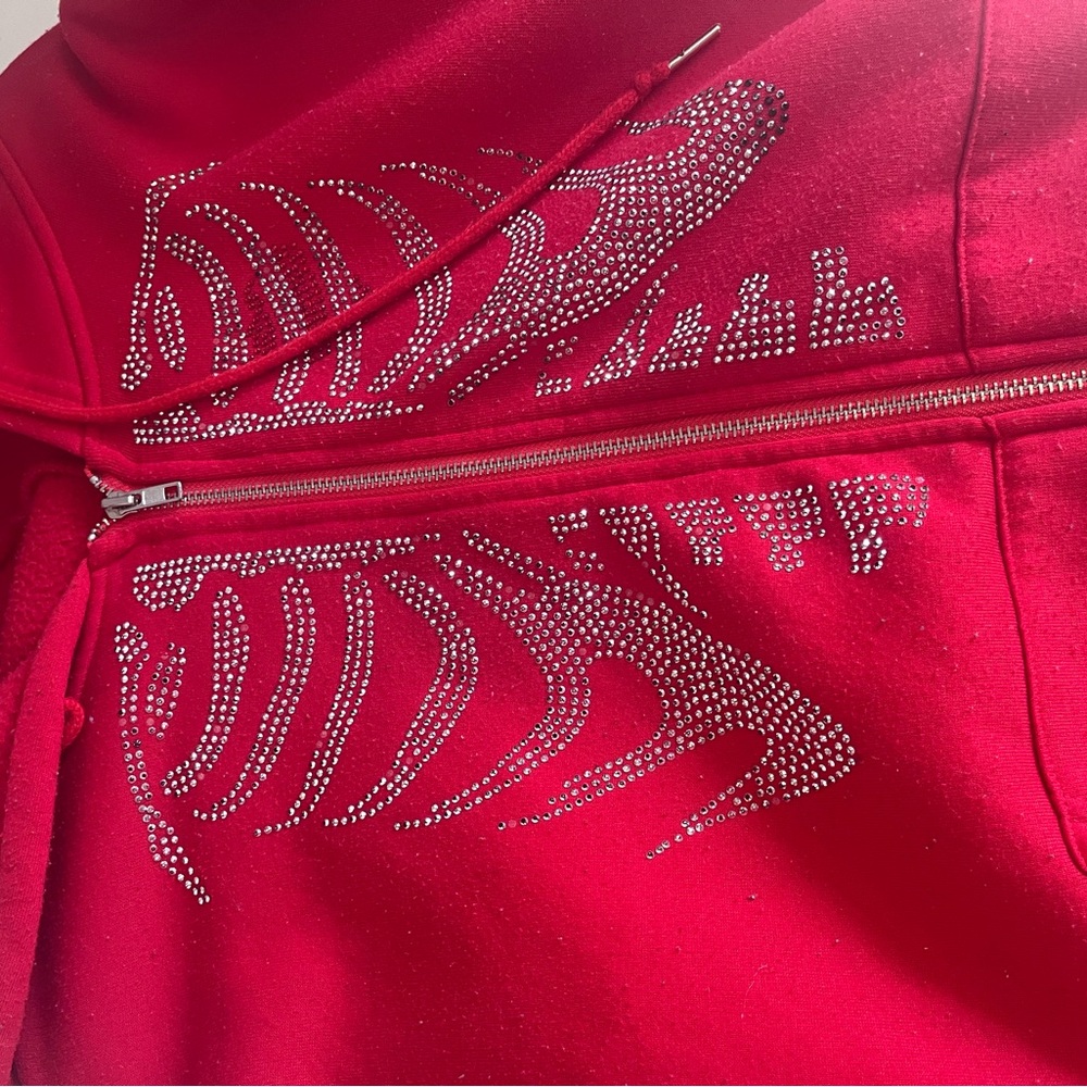 Vibrant Red Bomber Jacket with Rhinestone Embellishments